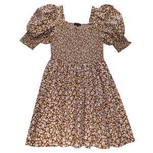 1.State Smocked Puff Sleeve Mini Dress in Brown and White Floral * Size 6